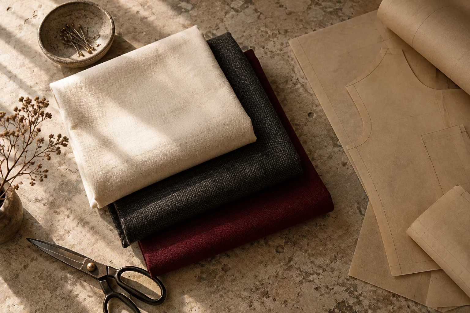 Cotton, wool and burgundy fabric swatches sit beside paper pattern pieces on a stone table.